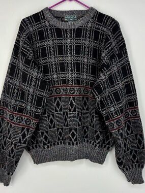 Agenda Mens XL Vintage Crewneck Sweater Wool Blend Multi Gray Geometric Long Slv